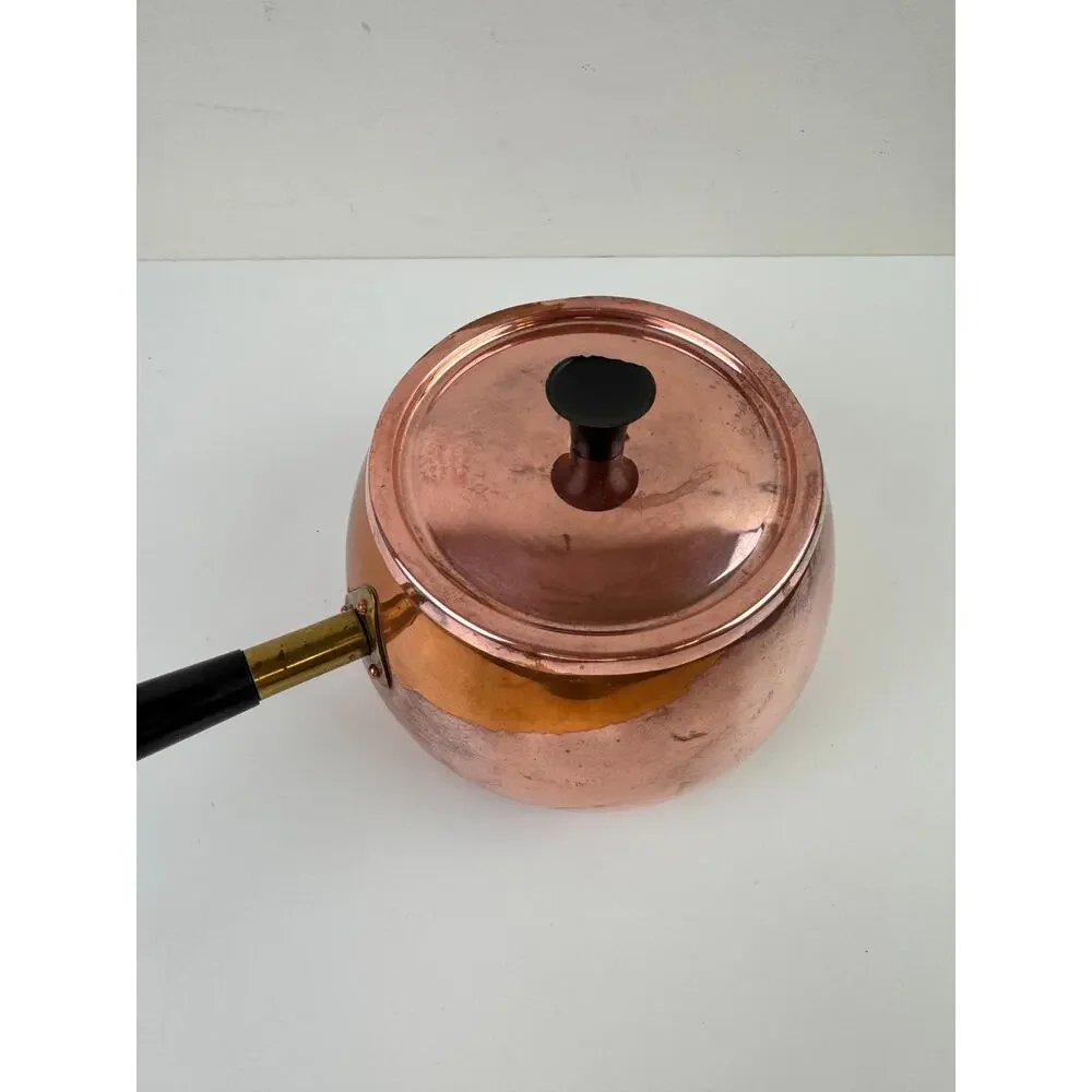 Vintage MCM Solid Copper Pot Rose Gold Metal Wooden Handle Lid Made In Portugal